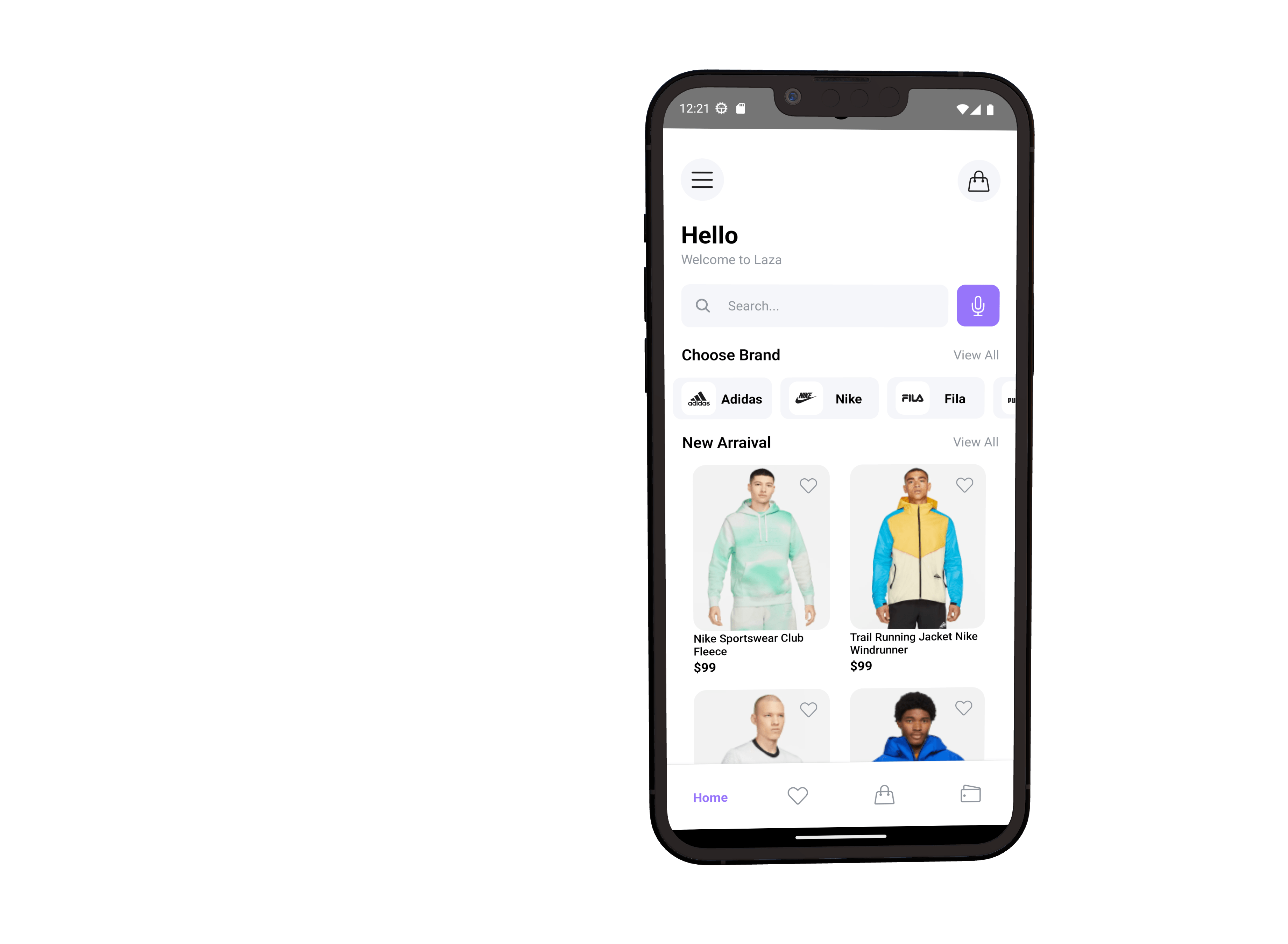 It is the front-end work of Laza e-commerce design, a figma design. Developed as a modern commerce mobile application view.